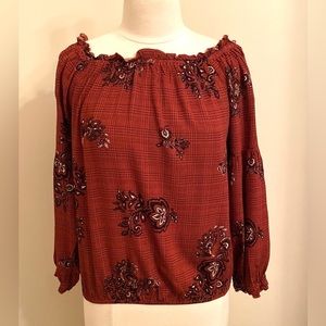 Maurices Rust Black Floral On Off Shoulder Ruffle Balloon Sleeve Slouchy Top M